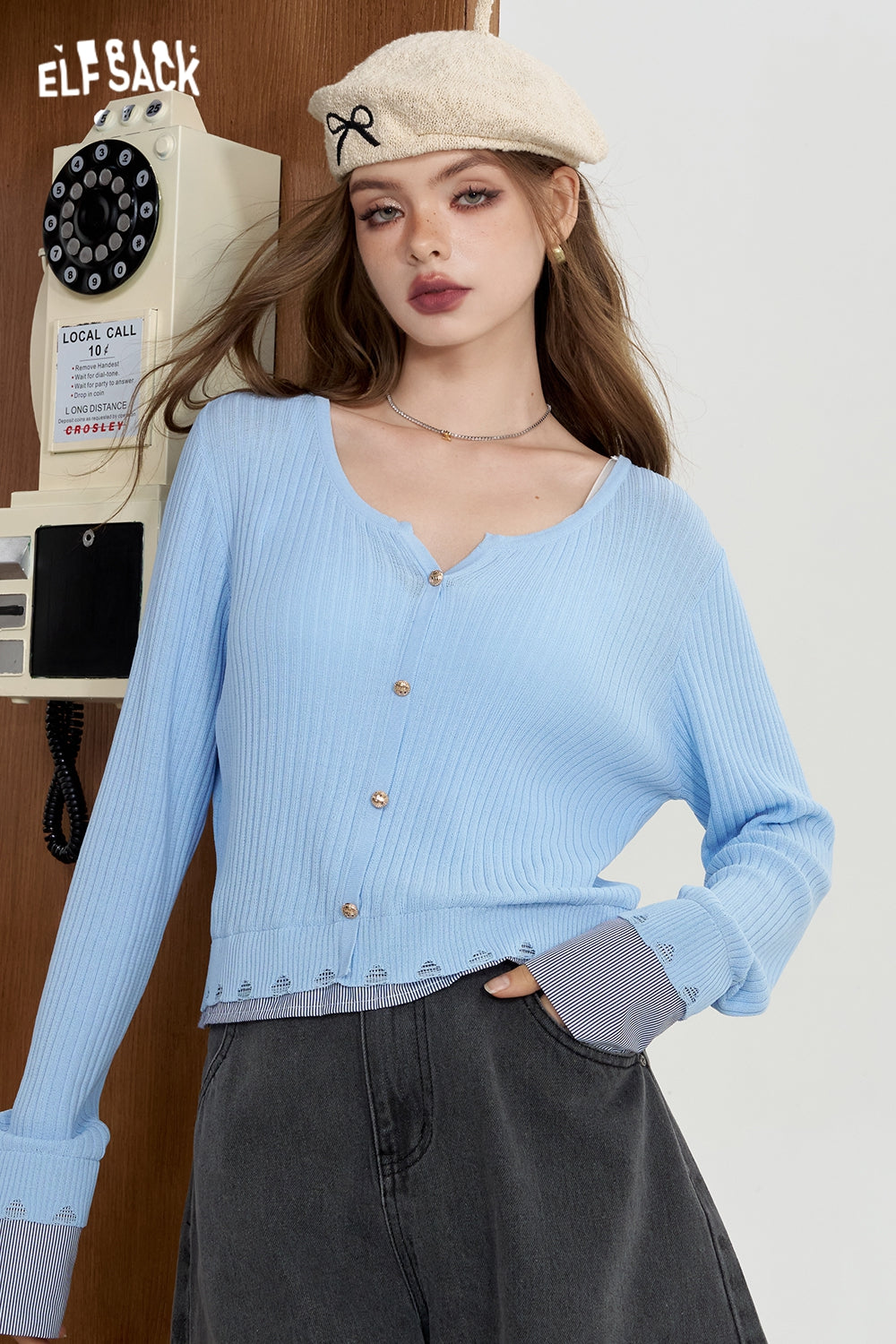 ELFSACK Striped shirt patchwork knit sweater fake two lightweight and slimming tops