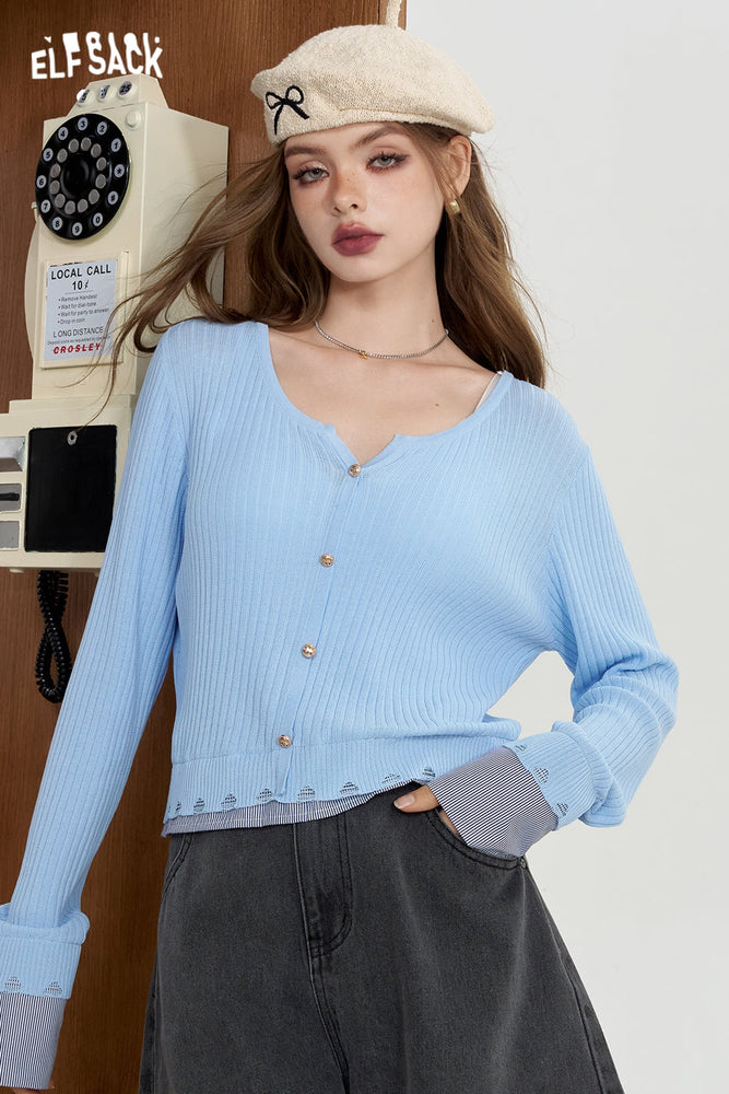 
                  
                    ELFSACK 2024 Summer New Arrivals Striped shirt patchwork knit sweater for women fake two lightweight and slimming tops
                  
                