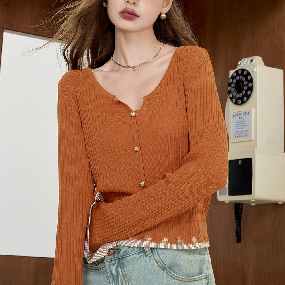 
                  
                    ELFSACK 2024 Summer New Arrivals Striped shirt patchwork knit sweater for women fake two lightweight and slimming tops
                  
                