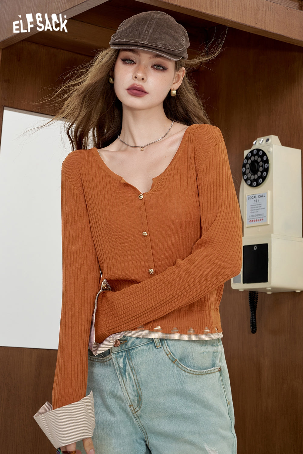 ELFSACK Striped shirt patchwork knit sweater fake two lightweight and slimming tops