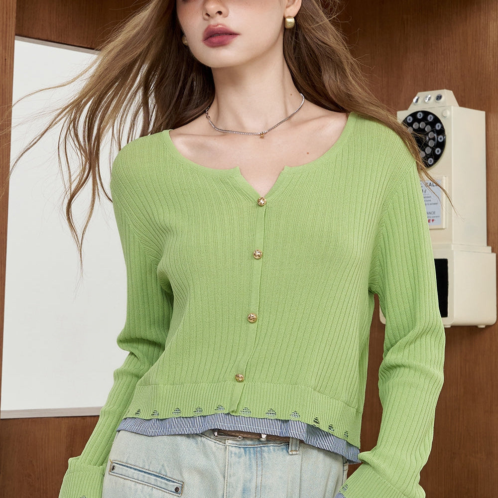 
                  
                    ELFSACK 2024 Summer New Arrivals Striped shirt patchwork knit sweater for women fake two lightweight and slimming tops
                  
                