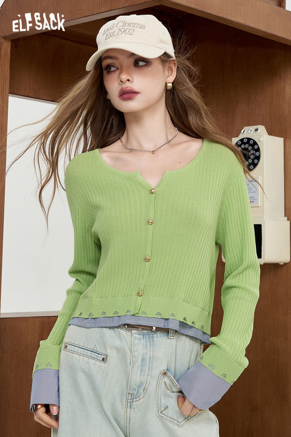 ELFSACK Striped shirt patchwork knit sweater fake two lightweight and slimming tops