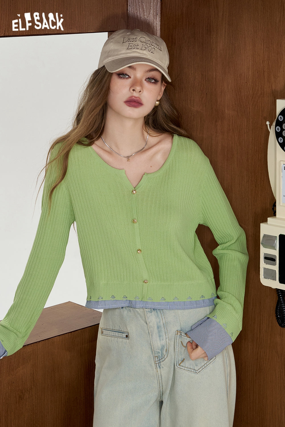 ELFSACK Striped shirt patchwork knit sweater fake two lightweight and slimming tops