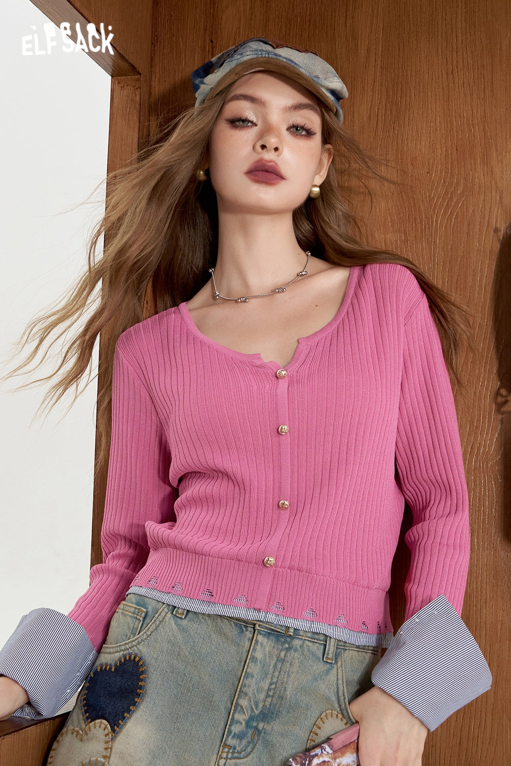 ELFSACK Striped shirt patchwork knit sweater fake two lightweight and slimming tops