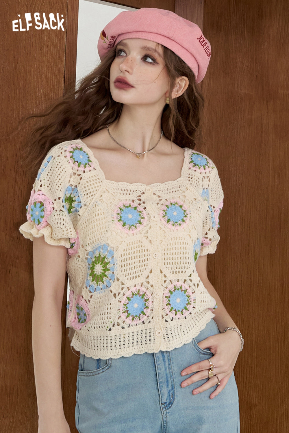 ELFSACK Hollow knit sweater Bubble sleeve sweet casual shirt