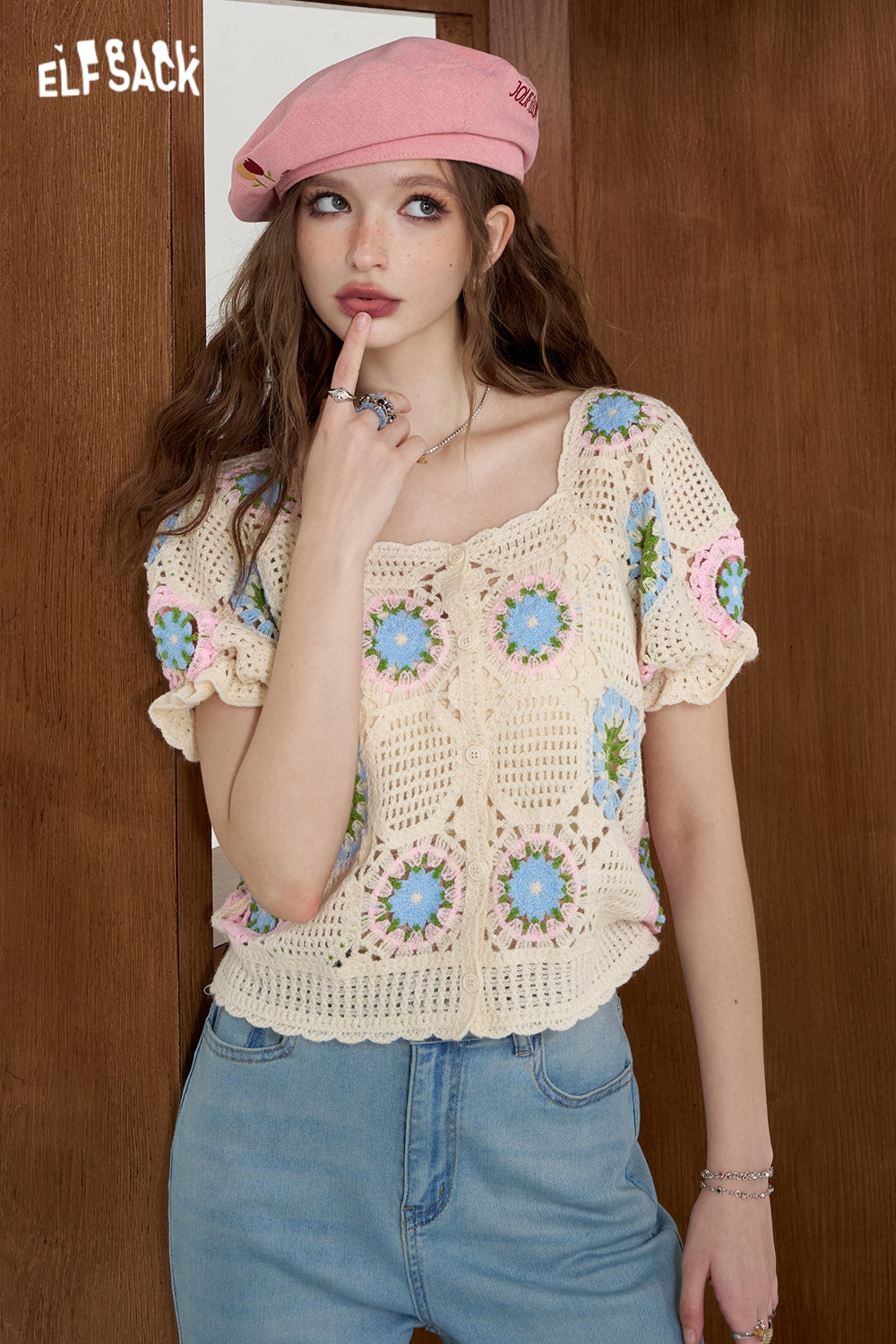 ELFSACK Hollow knit sweater Bubble sleeve sweet casual shirt
