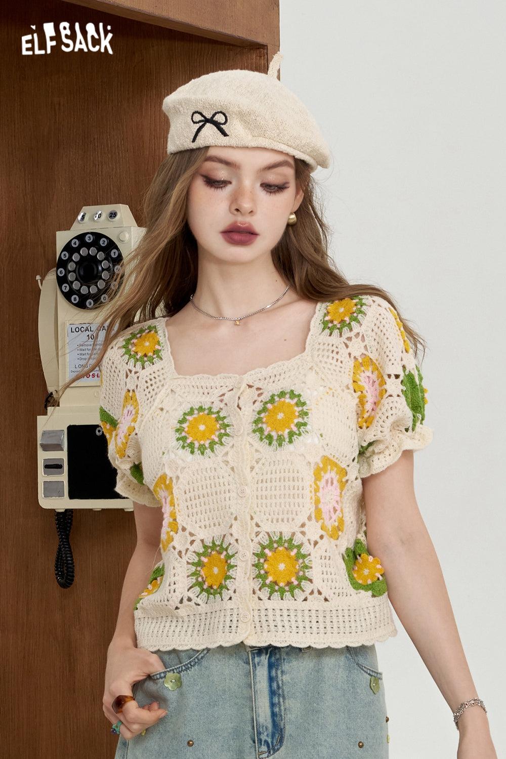 ELFSACK Hollow knit sweater Bubble sleeve sweet casual shirt