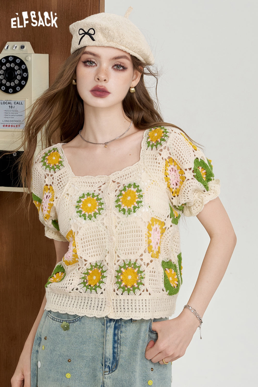 ELFSACK Hollow knit sweater Bubble sleeve sweet casual shirt
