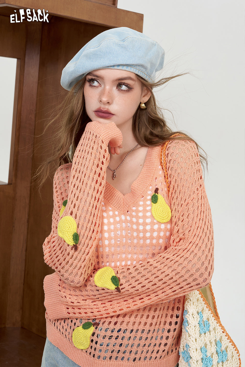 ELFSACK White Rainbow Hollow Knitted Shirt Lightweight cover up shirt