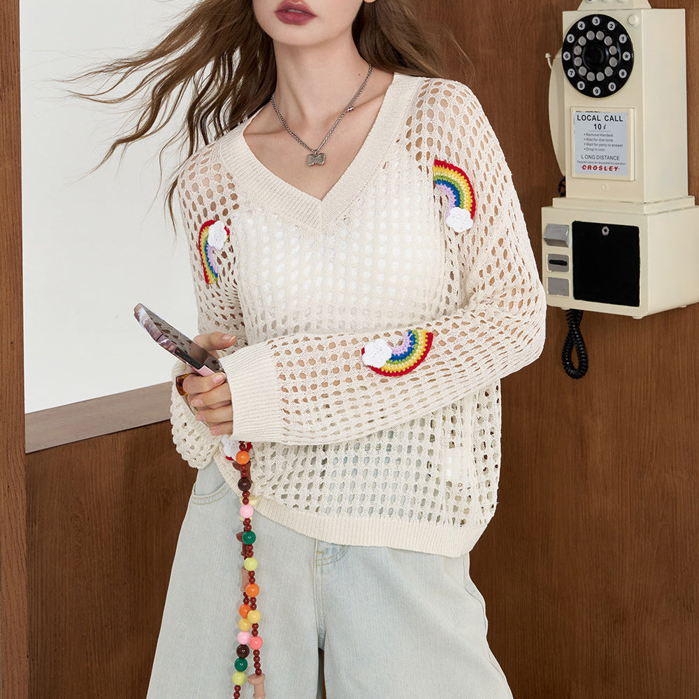 
                  
                    ELFSACK 2024 Summer New Arrivals White Rainbow Hollow Knitted Shirt for Women Lightweight cover up shirt
                  
                