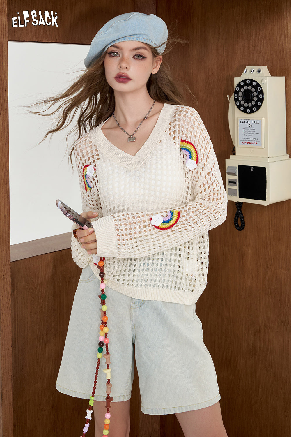 
                  
                    ELFSACK 2024 Summer New Arrivals White Rainbow Hollow Knitted Shirt for Women Lightweight cover up shirt
                  
                