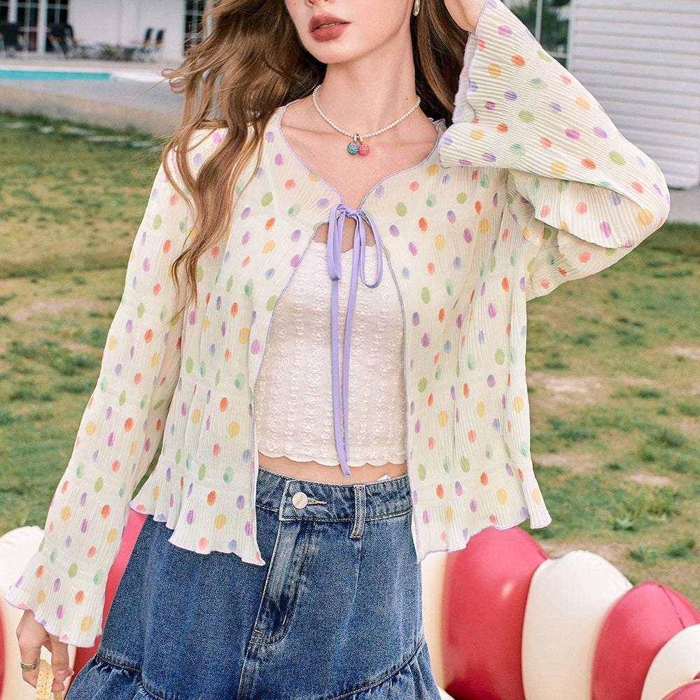 ELFSACK 2024 Summer New Arrivals Colorful sexy hollow polka dot textured cardigan with chiffon shirt for women