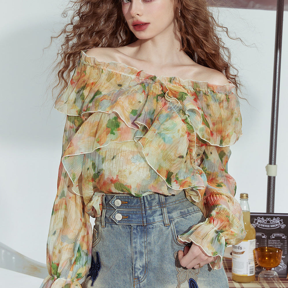 ELFSACK 2024 Summer New French style one-shoulder floral temperament slim shoulder shirt for women