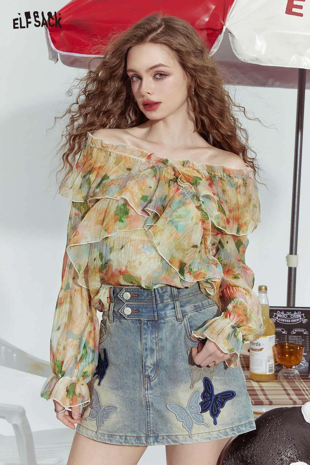 ELFSACK 2024 Summer New French style one-shoulder floral temperament slim shoulder shirt for women