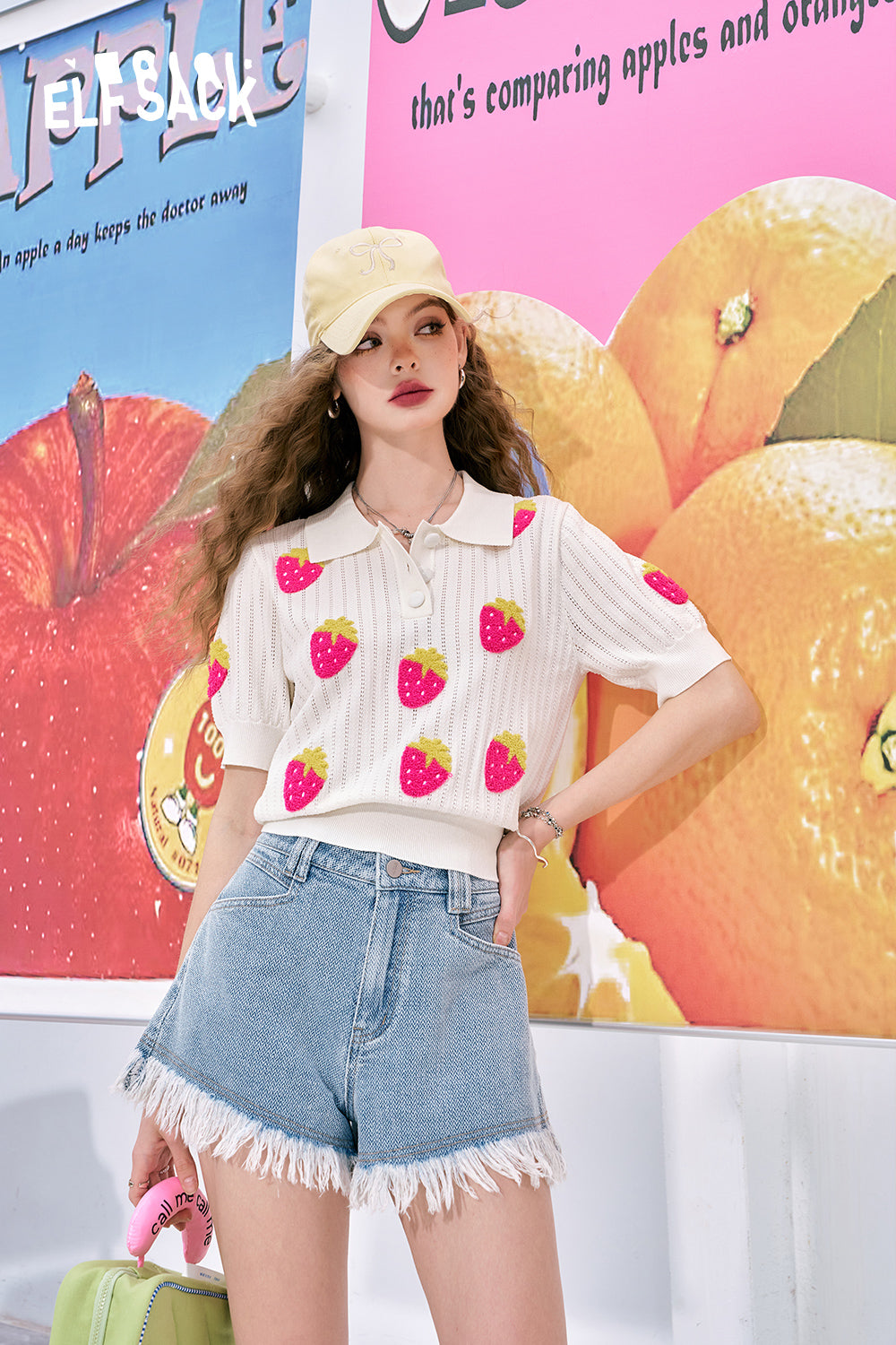 ELFSACK A-line raw edge light color denim high waist slim shorts jeans