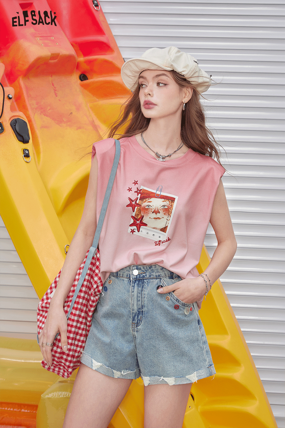 ELFSACK High waisted A-line washed denim jeans, women's colorful button down brushed shorts