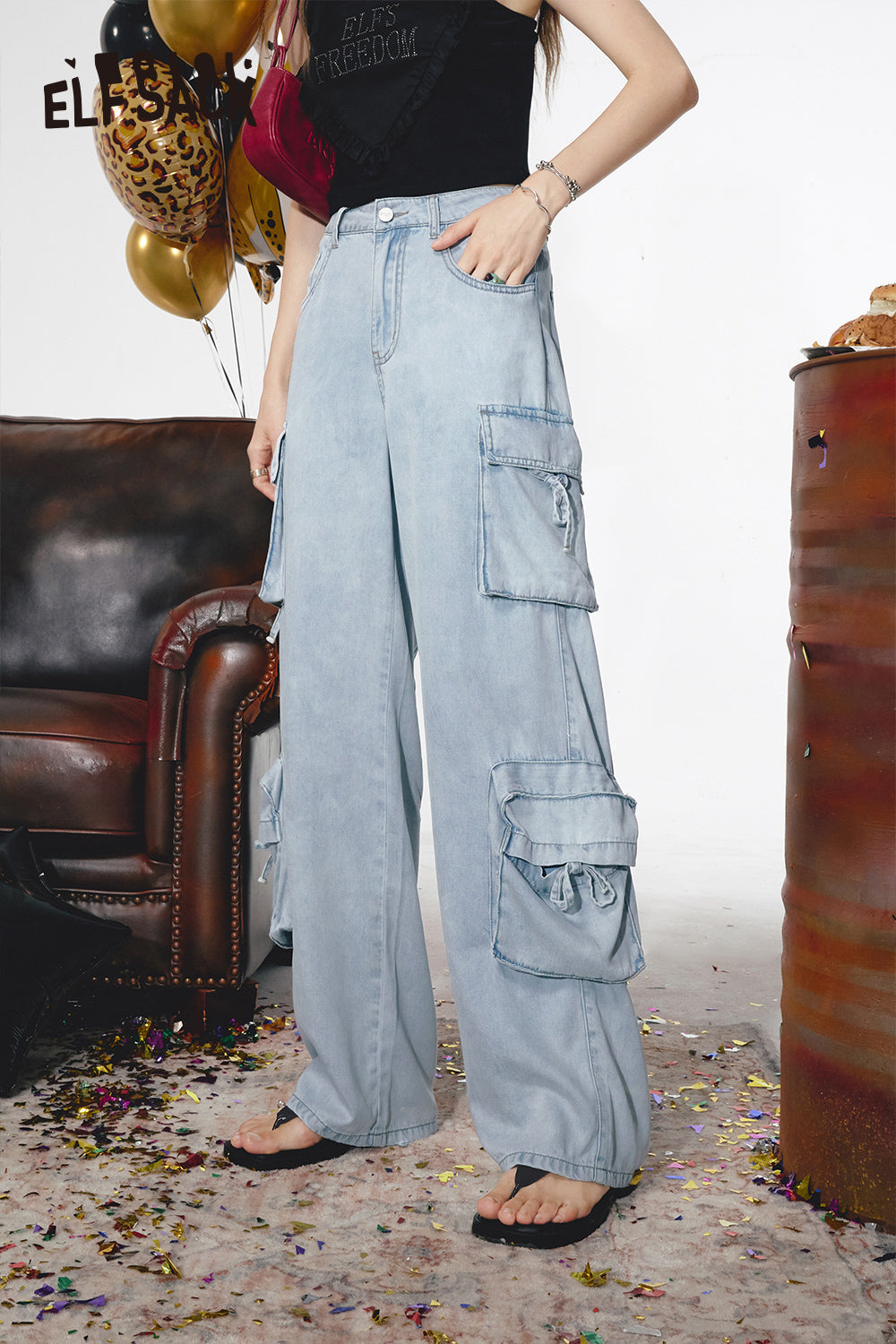 ELFSACK 2024 Summer New Arrivals American high waisted workwear, wide leg jeans, women's loose straight leg thin pants