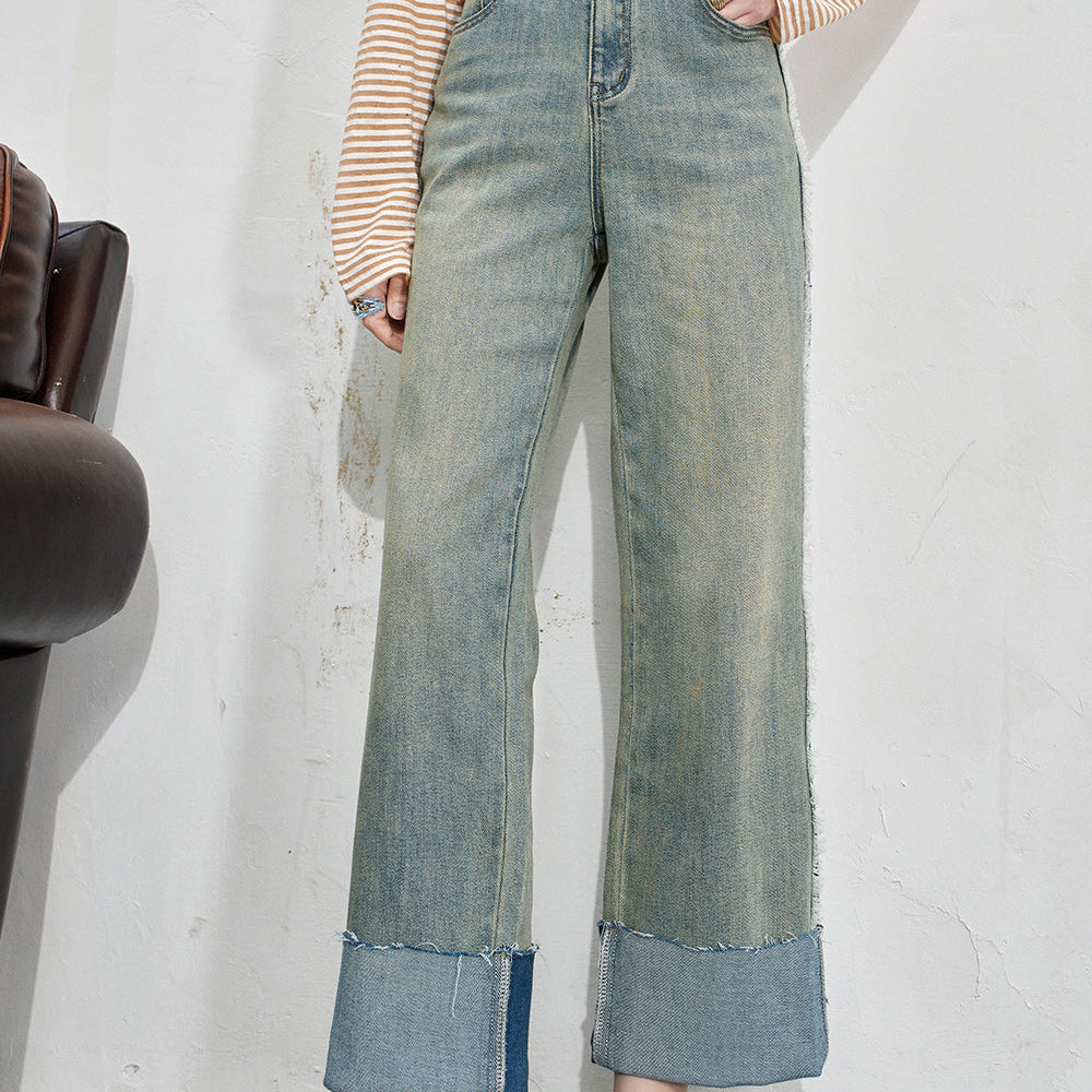 ELFSACK 2024 Summer New Arrivals Curled light colored washed denim pants for women, versatile high waisted straight leg pants