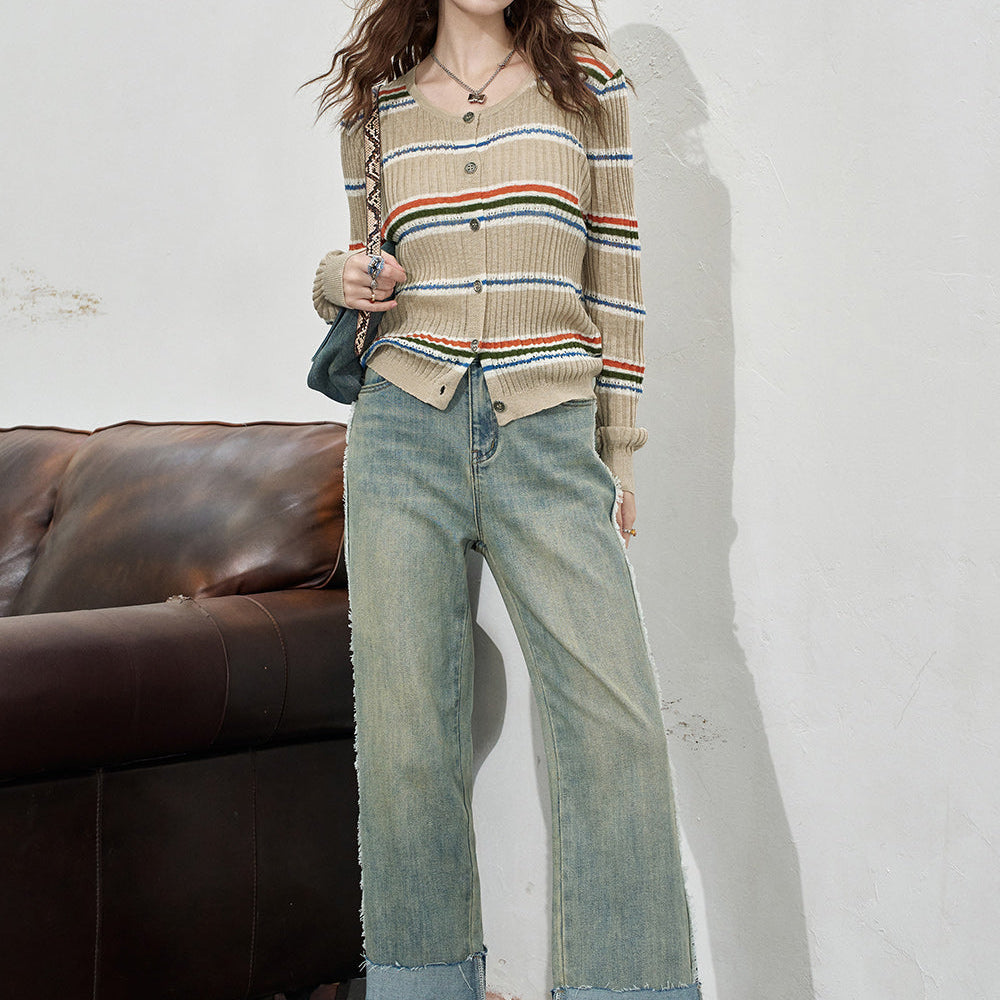 ELFSACK 2024 Summer New Arrivals Curled light colored washed denim pants for women, versatile high waisted straight leg pants