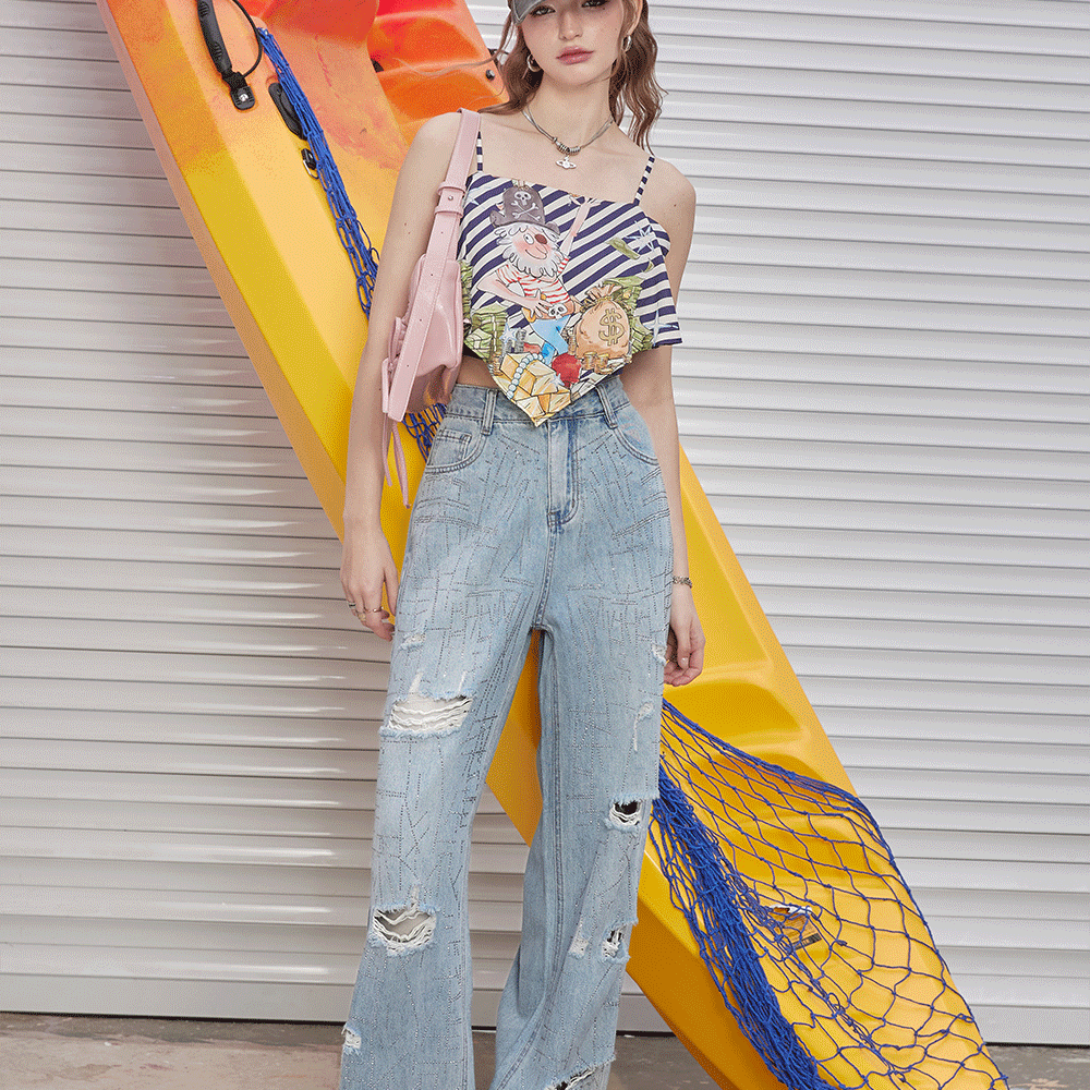 
                  
                    ELFSACK 2024 Summer New Arrivals Irregular adhesive drilling hole jeans for women, loose wide leg straight leg pants
                  
                