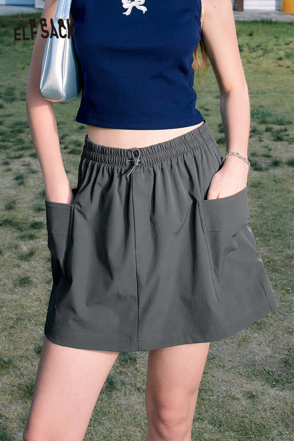 ELFSACK Purple natural waist pocket casual versatile slim work skirt pants