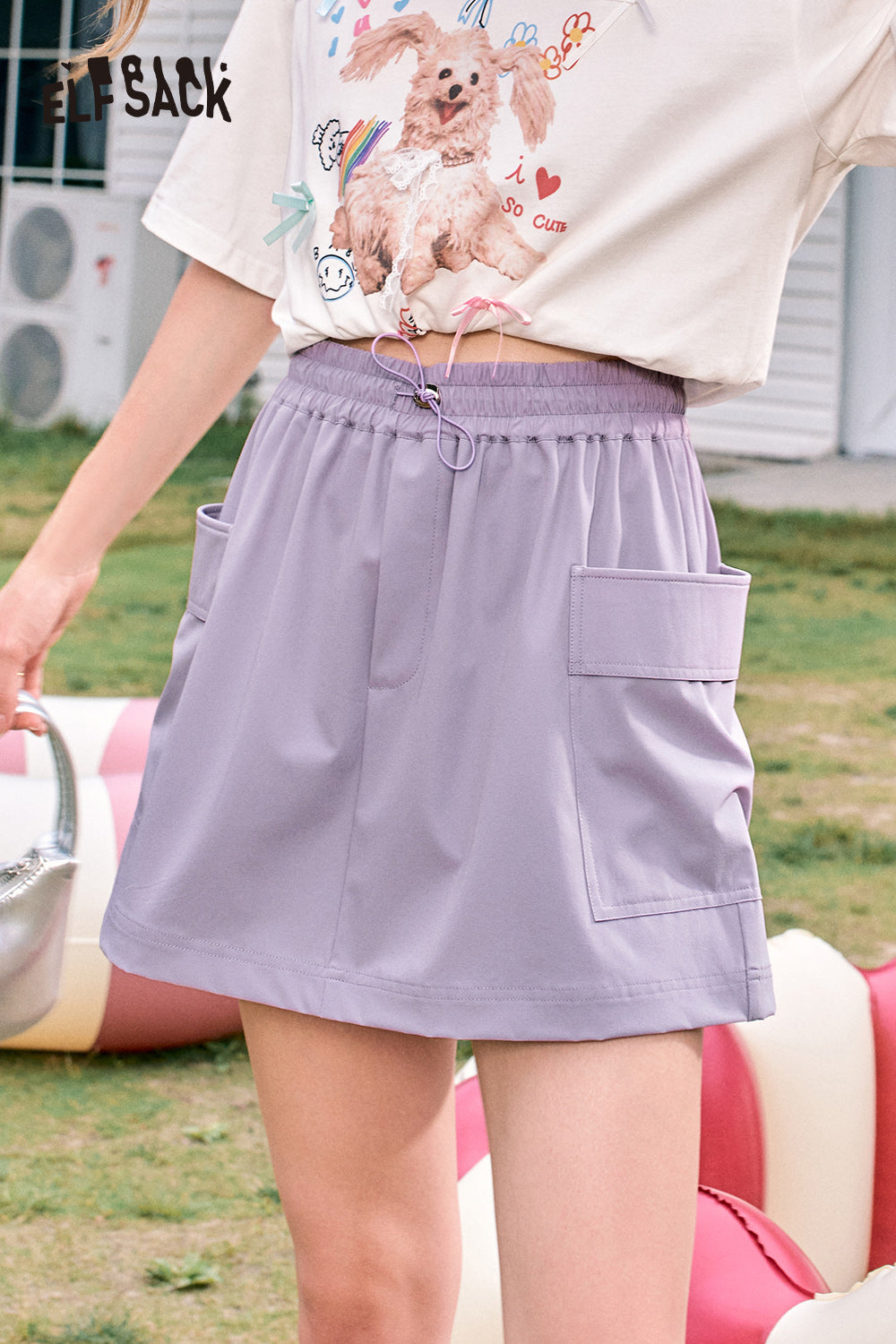ELFSACK Purple natural waist pocket casual versatile slim work skirt pants