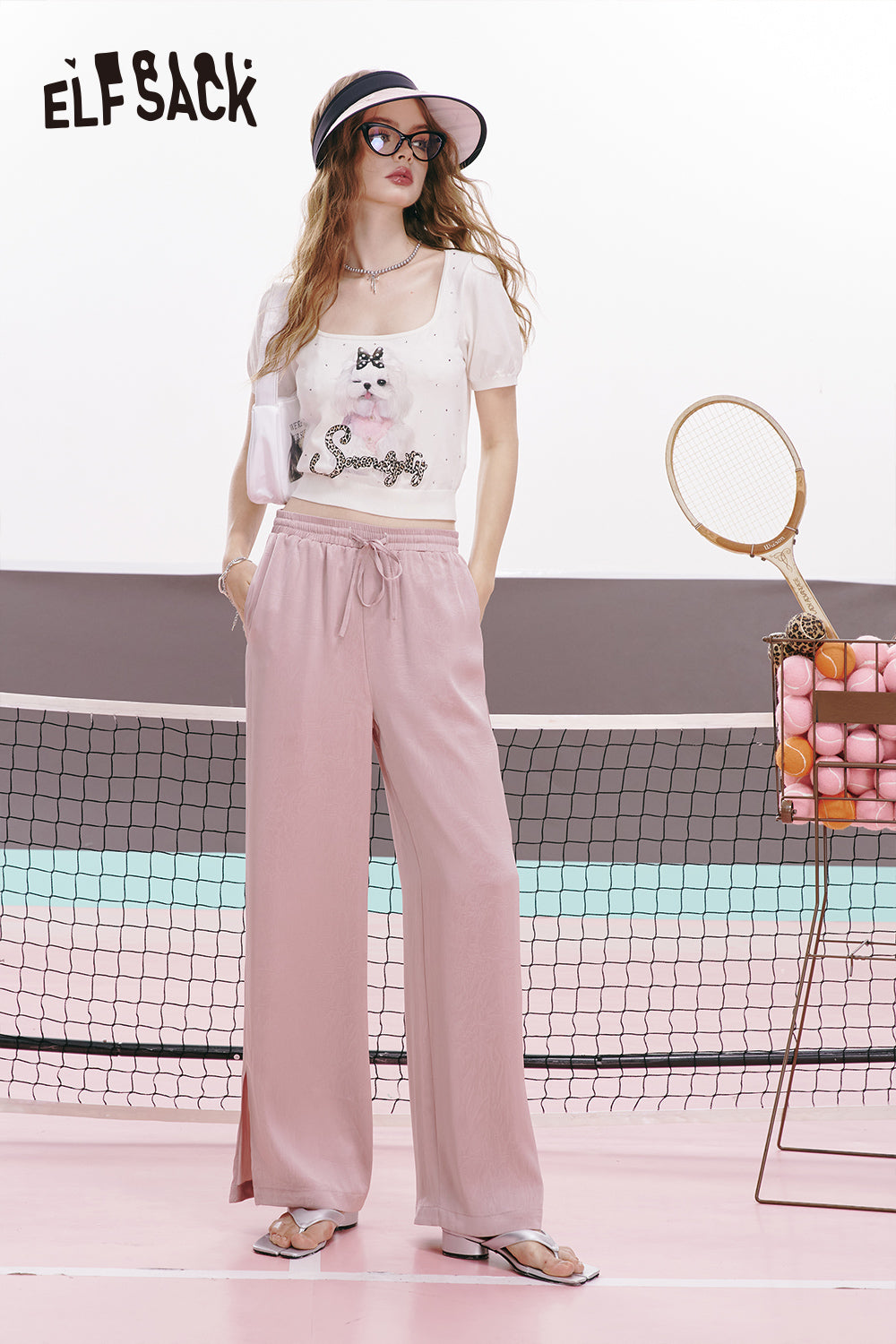 ELFSACK Pink satin split silk soft casual slim thin wide leg pants