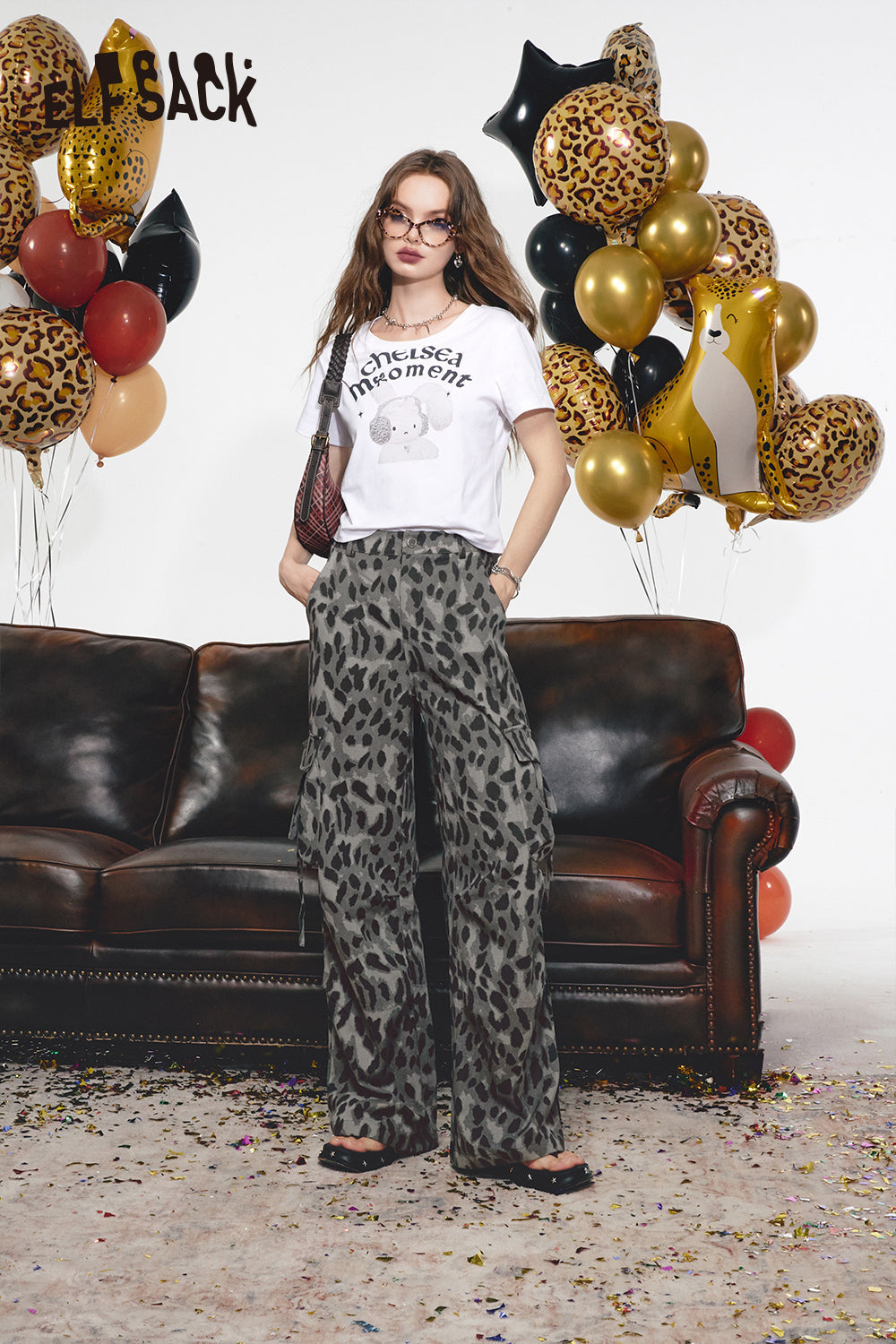 
                  
                    ELFSACK 2024 Summer New Arrivals Retro leopard print workwear style wide leg pants for women Casual loose pants
                  
                