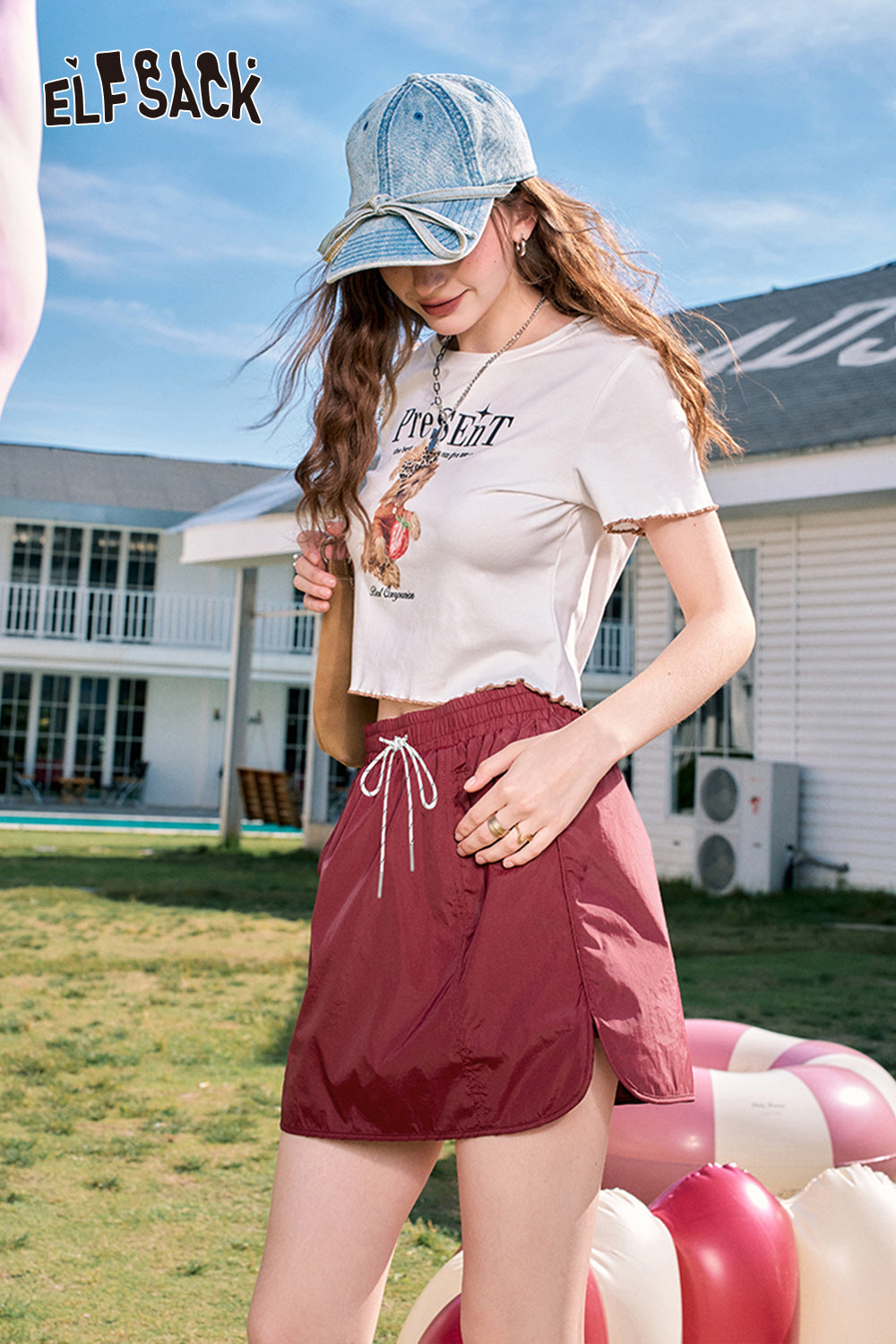 ELFSACK A-line casual workwear pleated side slit design skirt