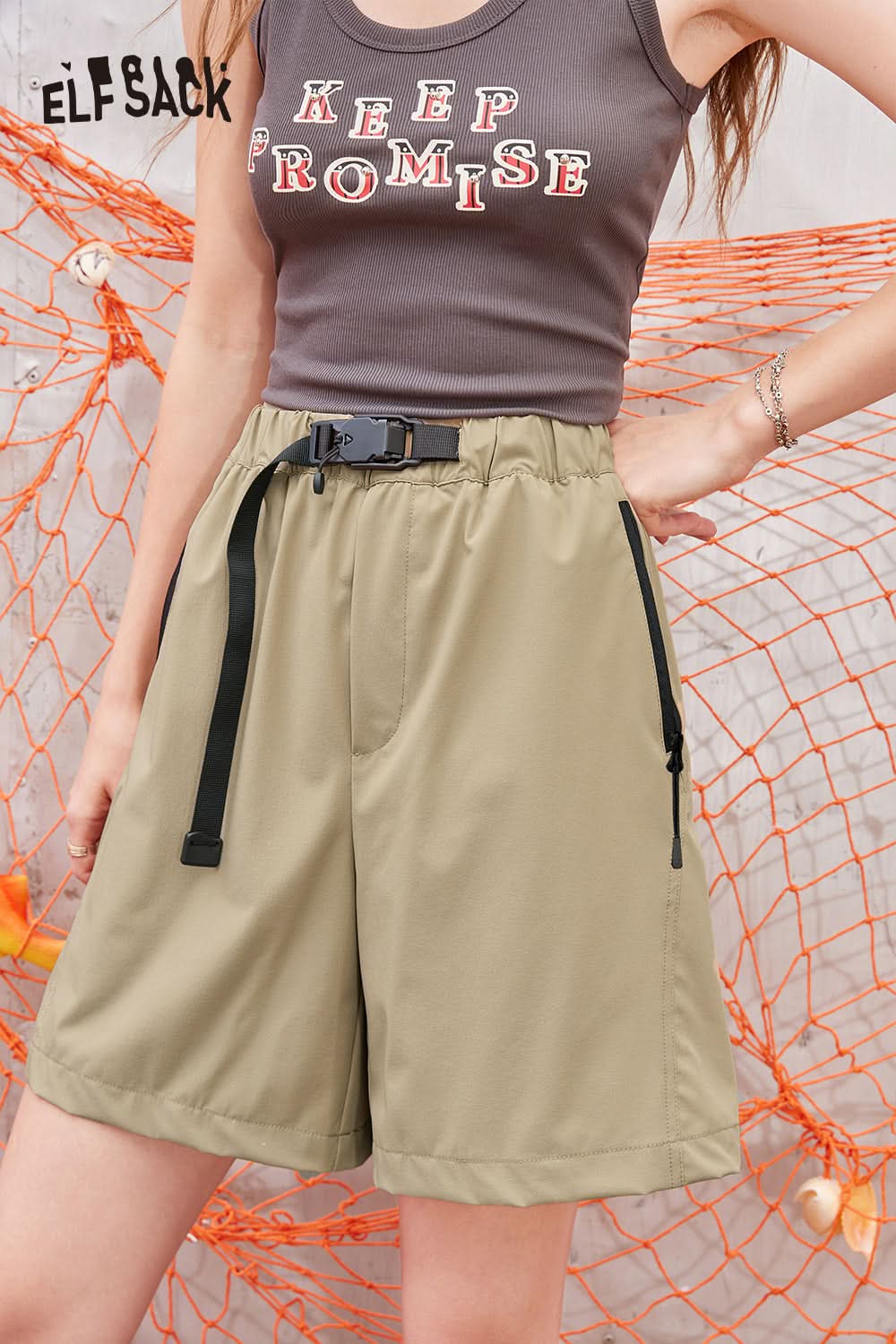 ELFSACK Khaki casual five-point straight waist slimming Shorts Pants