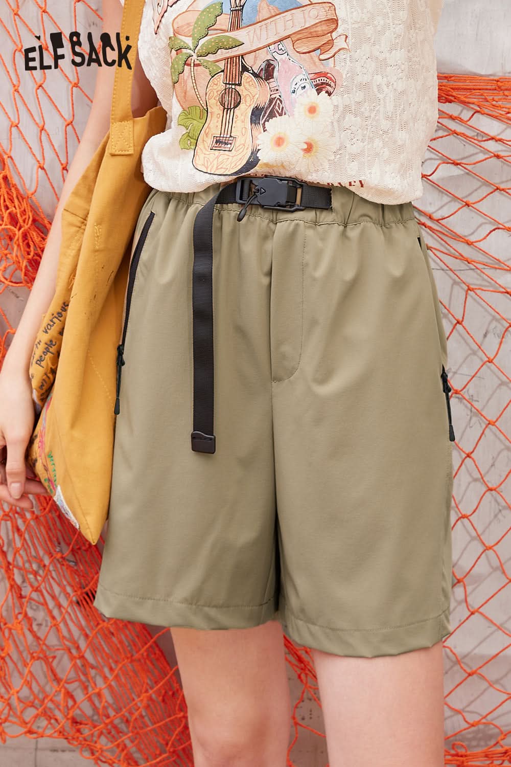 ELFSACK Khaki casual five-point straight waist slimming Shorts Pants