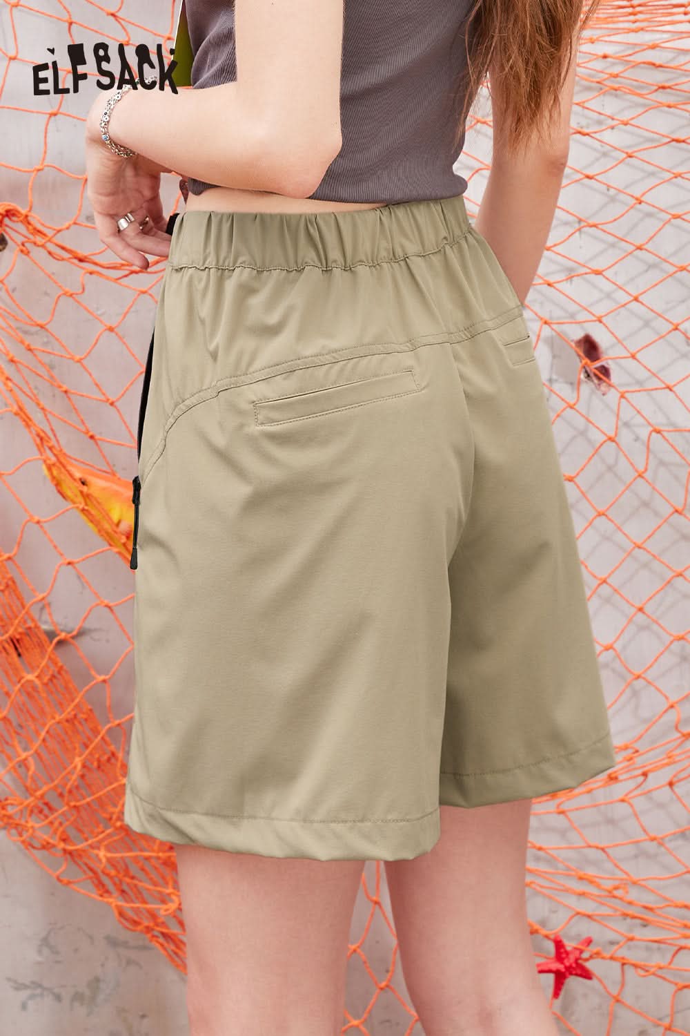 ELFSACK Khaki casual five-point straight waist slimming Shorts Pants