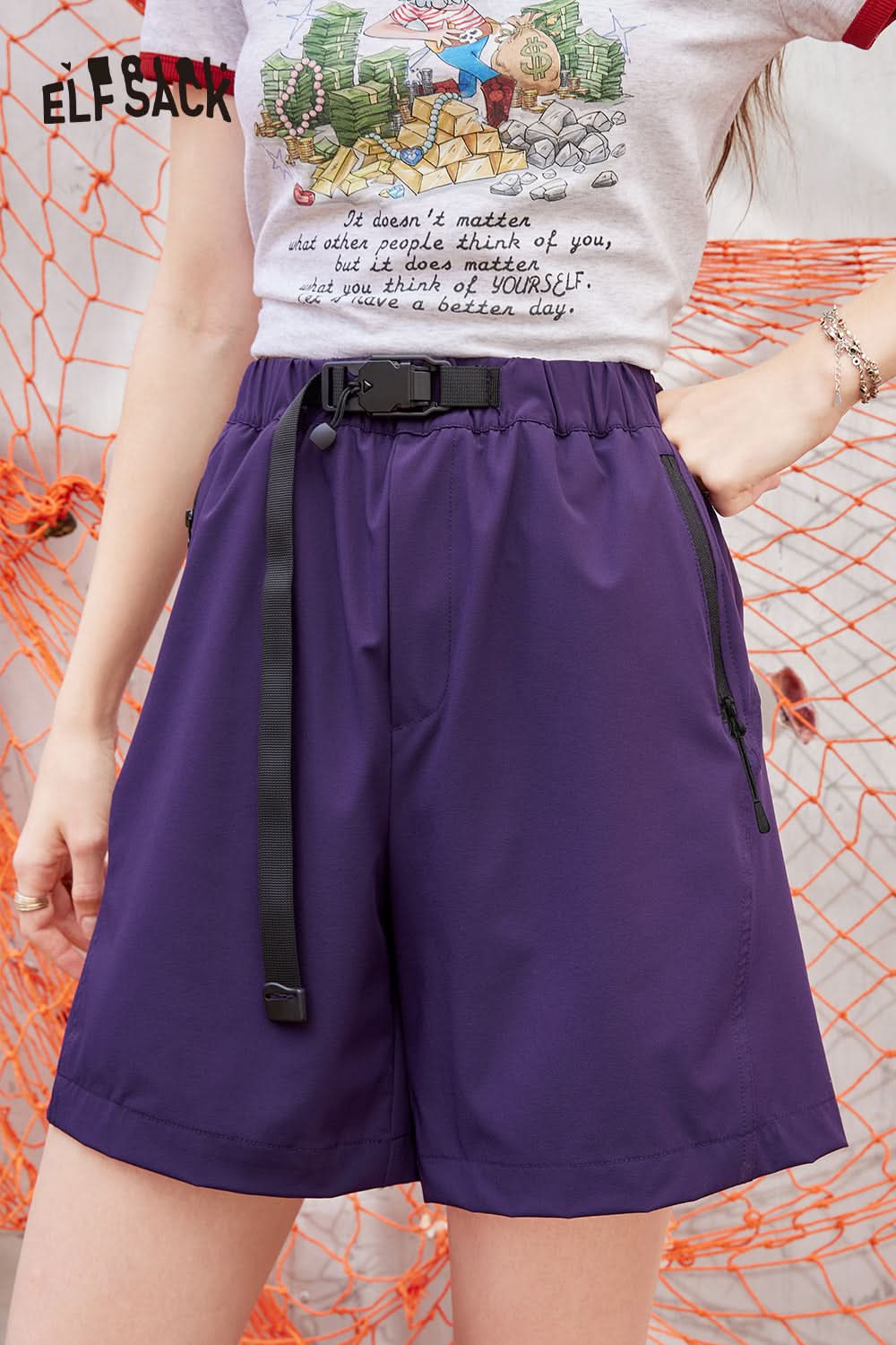 ELFSACK Khaki casual five-point straight waist slimming Shorts Pants