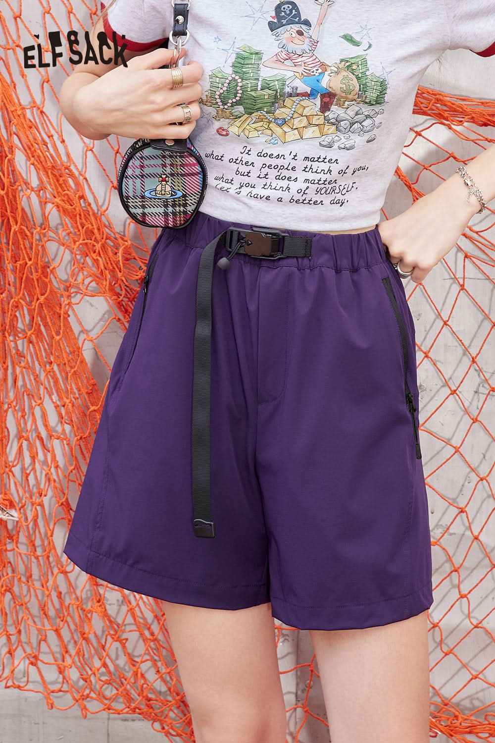 ELFSACK Khaki casual five-point straight waist slimming Shorts Pants