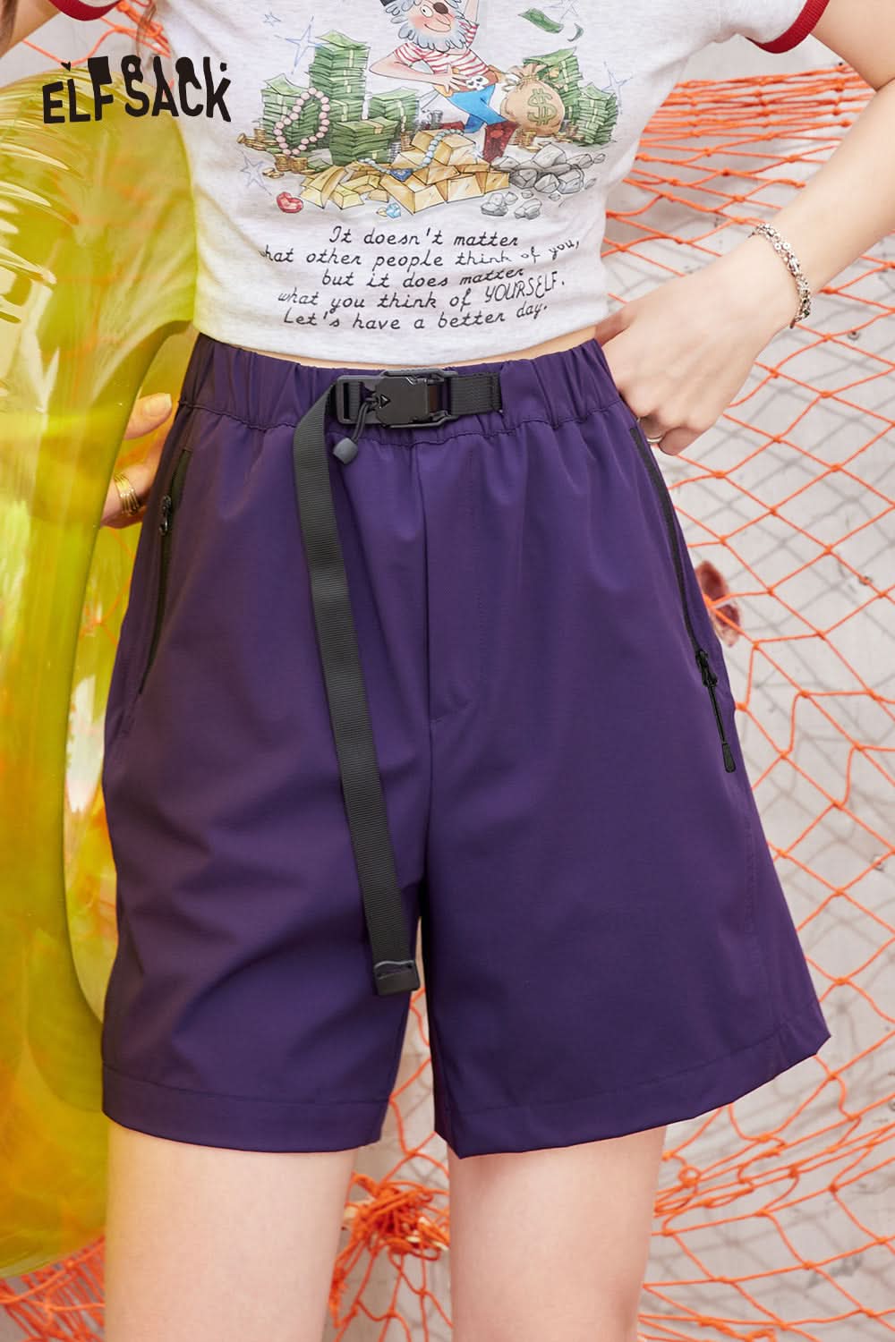 ELFSACK Khaki casual five-point straight waist slimming Shorts Pants