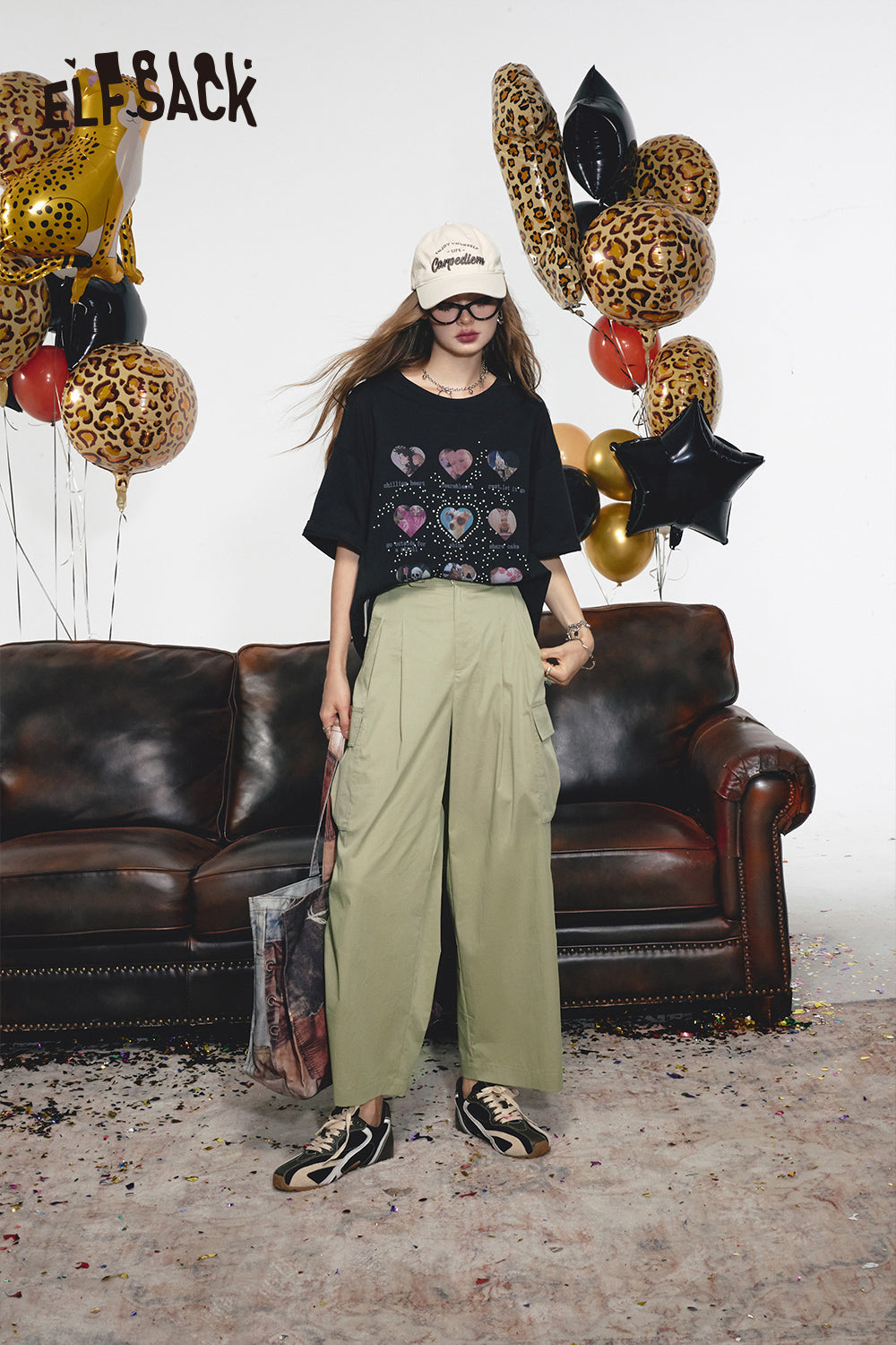 ELFSACK American casual wide leg pants, work pants, women's straight leg loose pants