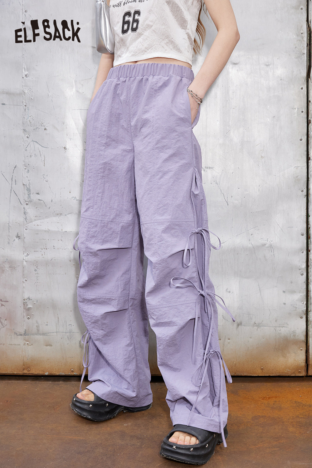 ELFSACK 2024 Summer New Arrivals Pink Bow Design Drawstring Pleated Cool Girl Straight Overalls Pants for Women