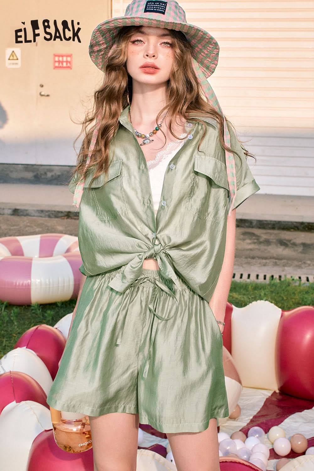 ELFSACK Orange imitation Tencel temperament comfortable lazy style fashion shirt shorts two-piece suit