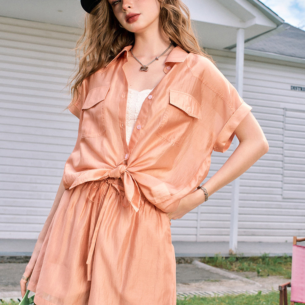 ELFSACK 2024 Summer New Arrivals Orange imitation Tencel temperament comfortable lazy style fashion shirt shorts two-piece suit for women