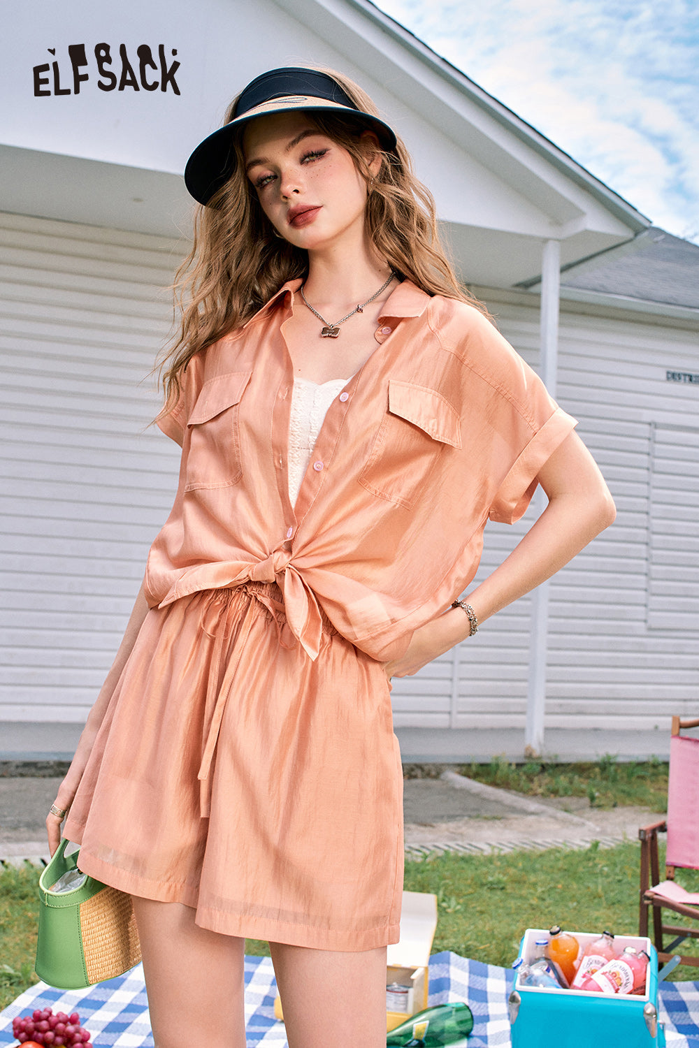 ELFSACK 2024 Summer New Arrivals Orange imitation Tencel temperament comfortable lazy style fashion shirt shorts two-piece suit for women