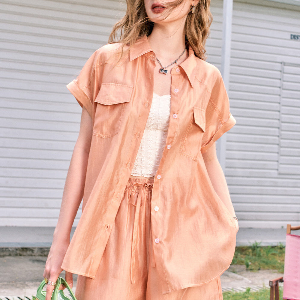 
                  
                    ELFSACK 2024 Summer New Arrivals Orange imitation Tencel temperament comfortable lazy style fashion shirt shorts two-piece suit for women
                  
                