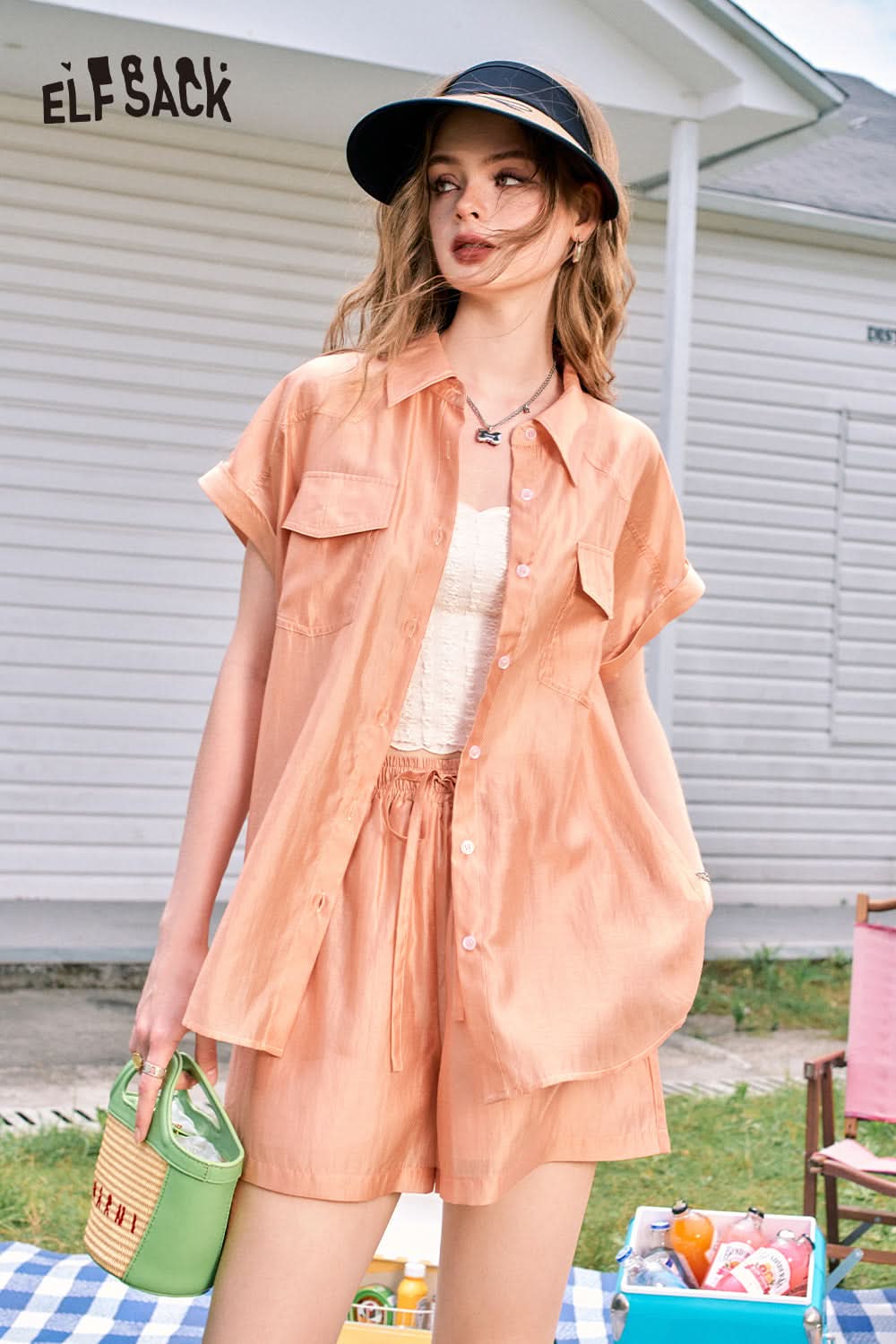 ELFSACK Orange imitation Tencel temperament comfortable lazy style fashion shirt shorts two-piece suit
