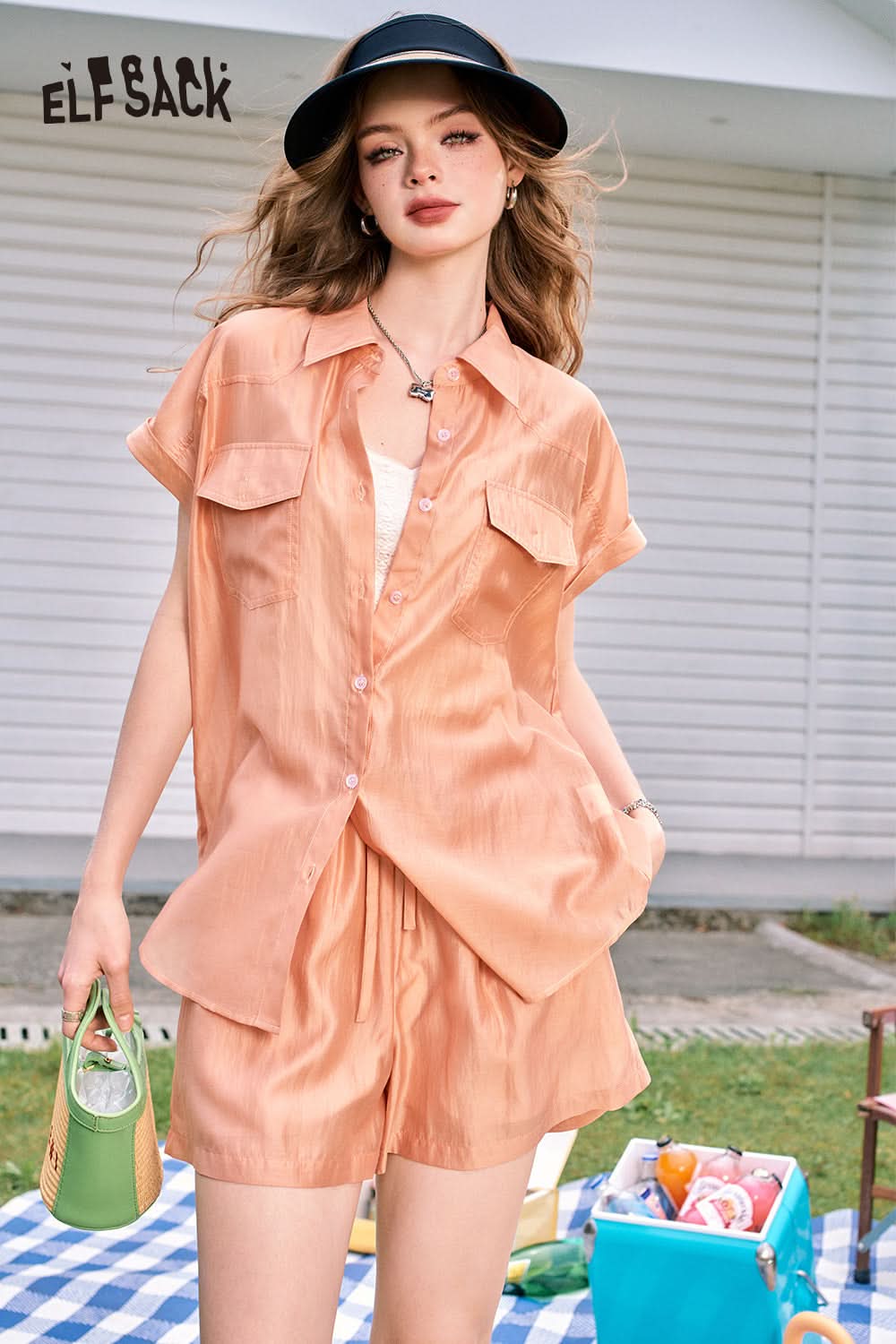 ELFSACK Orange imitation Tencel temperament comfortable lazy style fashion shirt shorts two-piece suit