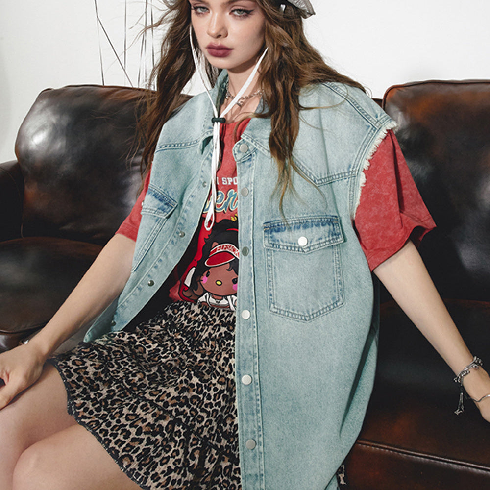 ELFSACK 2024 Summer New Arrivals Retro washed denim vest for women, fashionable, loose, layered sleeveless top