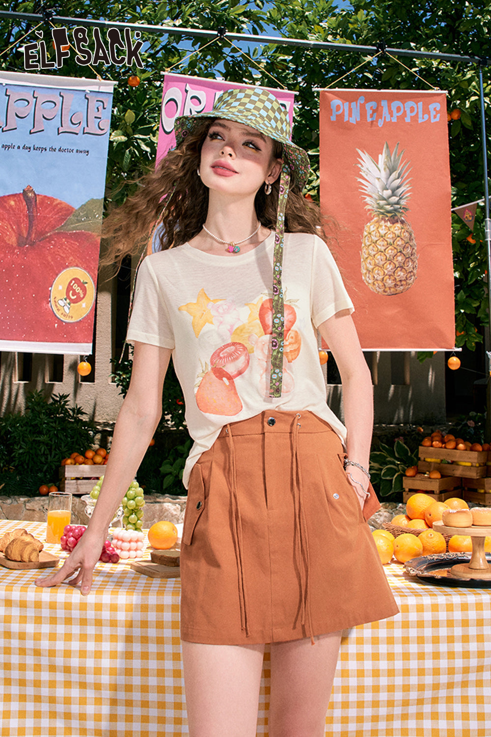 ELFSACK Orange A-line high waist slimming workwear American style drawstring skirt