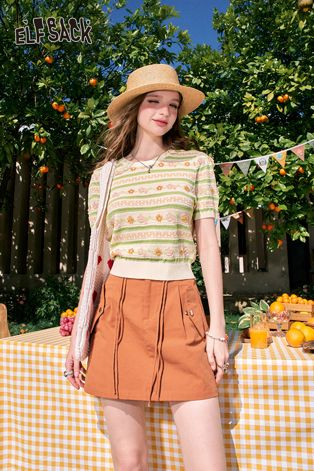 ELFSACK Orange A-line high waist slimming workwear American style drawstring skirt