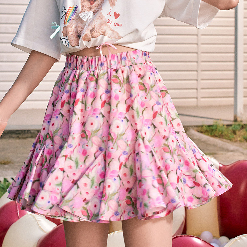 ELFSACK 2024 Summer New Arrivals Oil painting flowers sweet temperament high waist A-line skirt for women