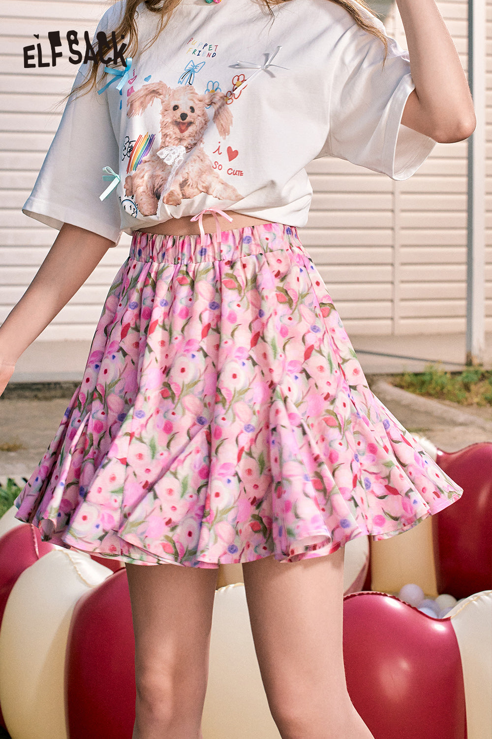 ELFSACK 2024 Summer New Arrivals Oil painting flowers sweet temperament high waist A-line skirt for women