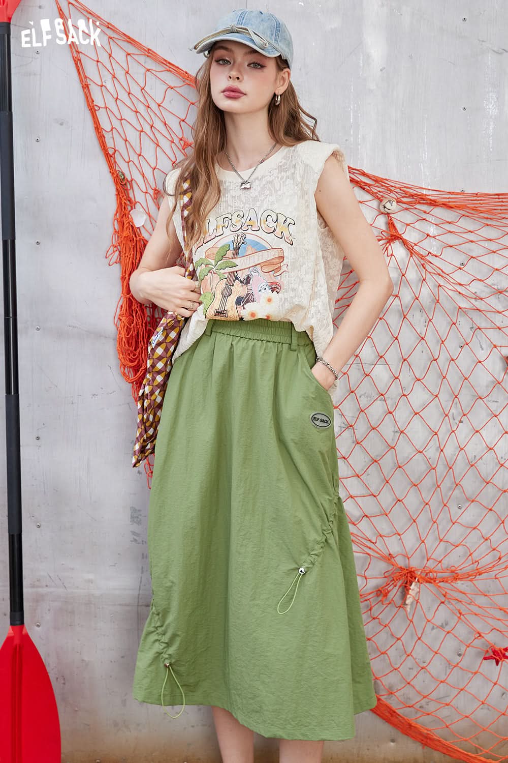 ELFSACK High waisted A-line skirt with irregular drawstring design, long skirt