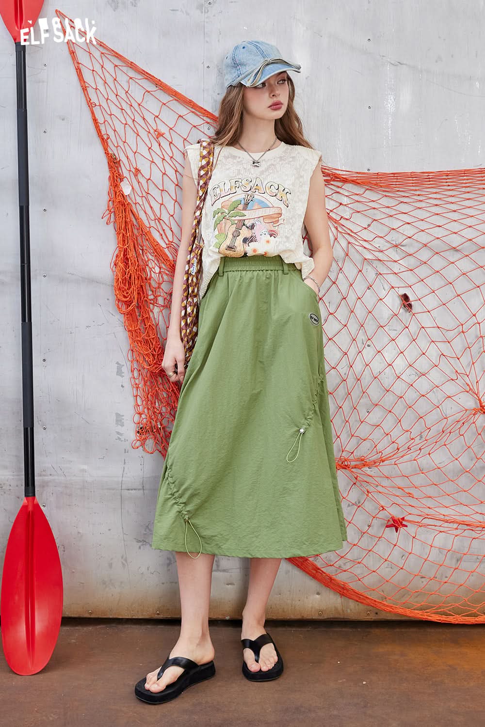 ELFSACK High waisted A-line skirt with irregular drawstring design, long skirt